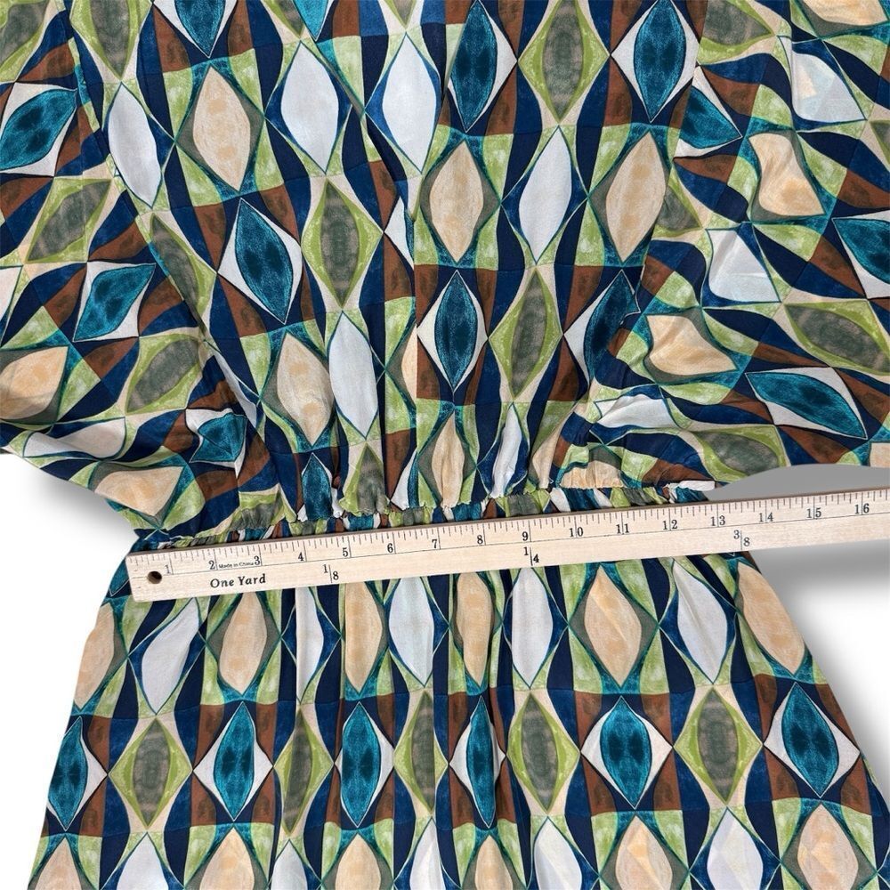 Zara Geometric Print Sateen Maxi Dress Green Blue Tan‎ Long Sleeve Small - Picture 12 of 13